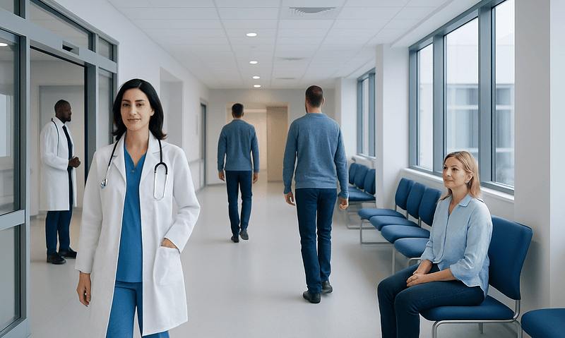 Healthcare professionals and patients in a modern hospital corridor.
