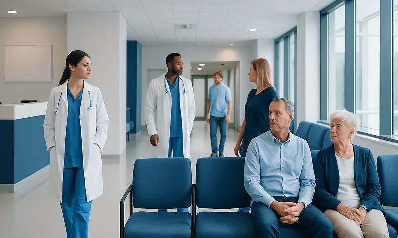 Hospital waiting area with medical staff and patients in a modern healthcare facility.