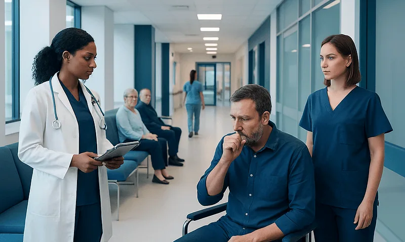 Medical consultation in hospital corridor with healthcare professionals and patient.