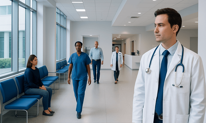 Medical professionals and a patient in a hospital corridor at Acibadem Hospitals Group.