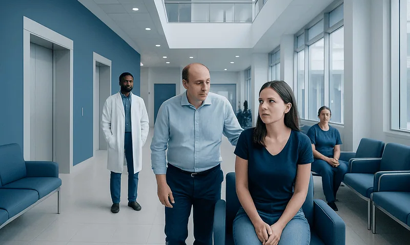 Hospital corridor with medical staff and patients in a modern healthcare facility.