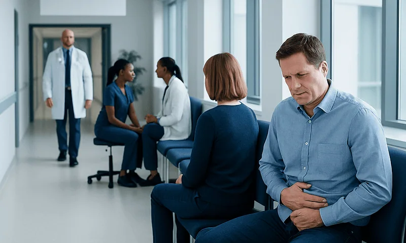 Patient experiencing abdominal pain in a hospital corridor.
