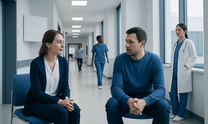 Patients and healthcare professionals in a hospital corridor.