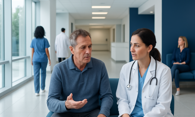 Doctor consulting with a male patient in a hospital corridor.