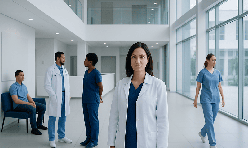 Healthcare professionals in a modern hospital lobby with large windows.