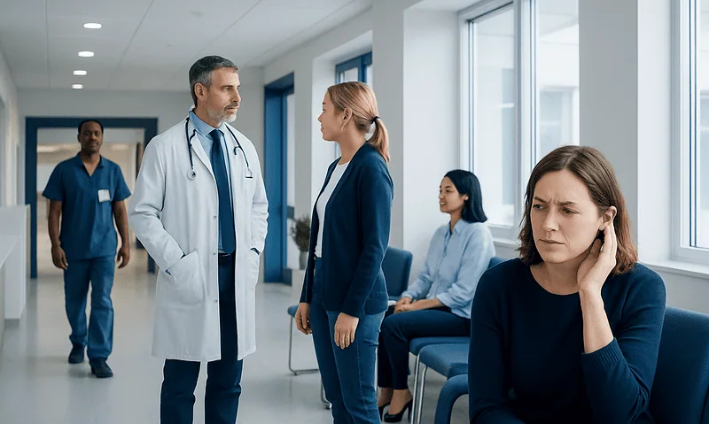 Doctor consulting with a woman patient in a hospital corridor.