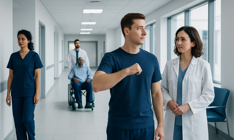 External Rotation: What Patients Need to Know 5 Patient performing external shoulder rotation with medical staff supervision.