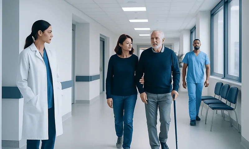 Elderly man with cane walking in hospital corridor with visitors and nurse.
