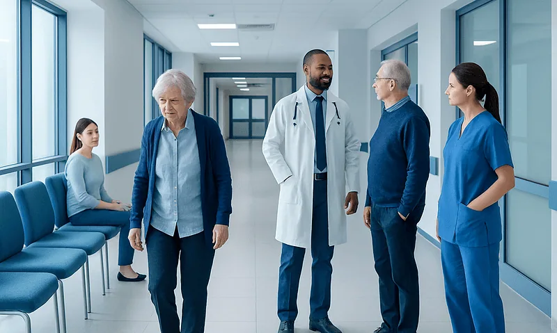Medical team consulting with elderly patient in hospital corridor.