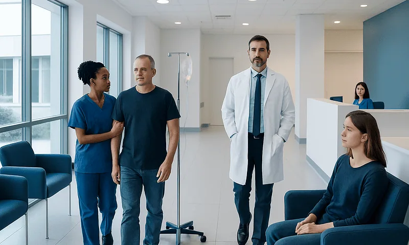 Medical team consulting patient in hospital corridor with IV stand.