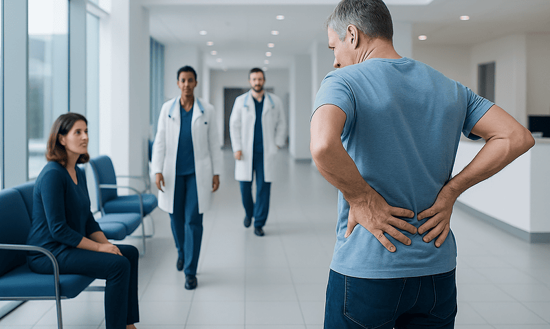 Patient with back pain consulting doctors in hospital corridor.