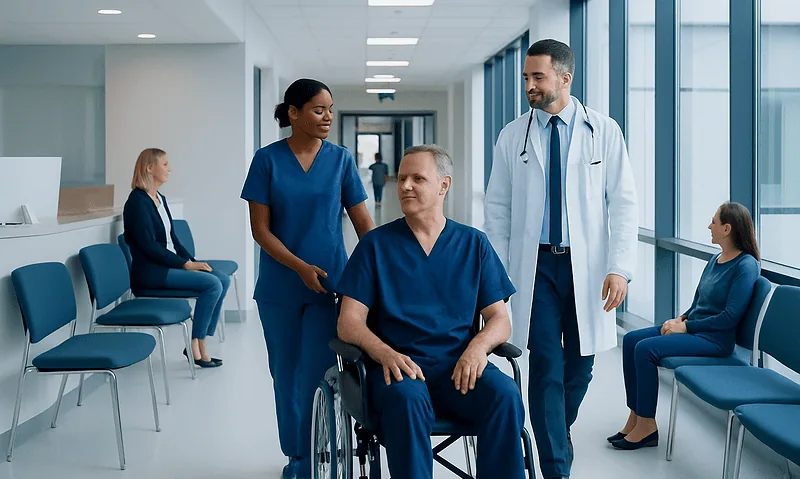 Hospital staff assisting a patient in a wheelchair in a modern hospital corridor.