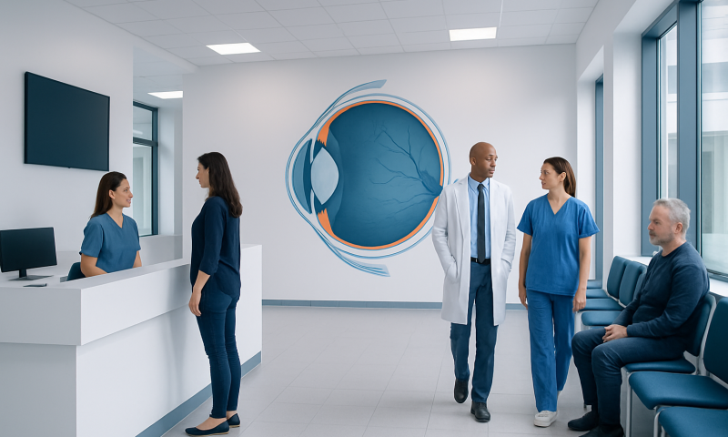 Medical team discussing eye anatomy in a modern clinic setting.