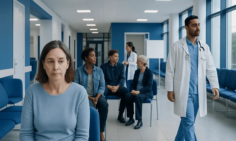 Patients waiting in a hospital corridor with a doctor walking by.