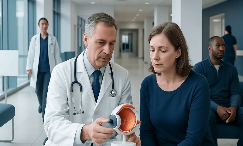 Doctor explaining eye anatomy to patient in hospital corridor.