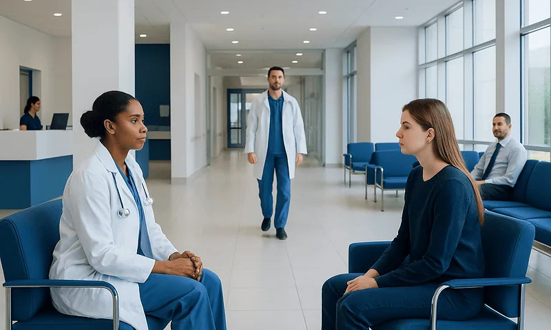 Medical consultation in a modern hospital waiting area with doctors and patient.