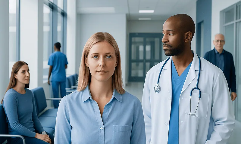 Medical professionals in a hospital corridor with patients in the background.