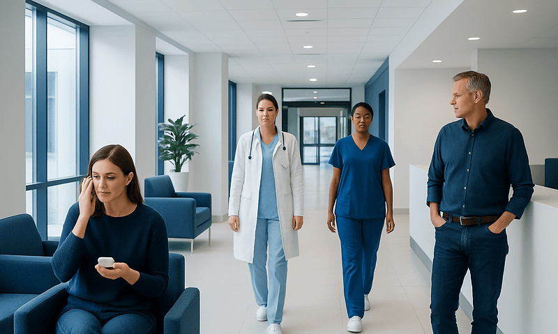 Patients and medical staff in a modern hospital corridor.