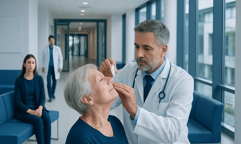 Ophthalmologist examining elderly woman's eyes in hospital corridor.