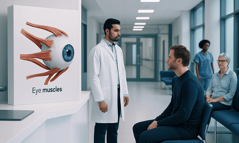 Doctor explaining eye muscle anatomy to patient in hospital corridor.