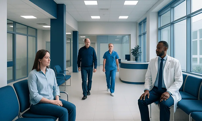 Patients waiting in a modern hospital corridor with medical staff nearby.