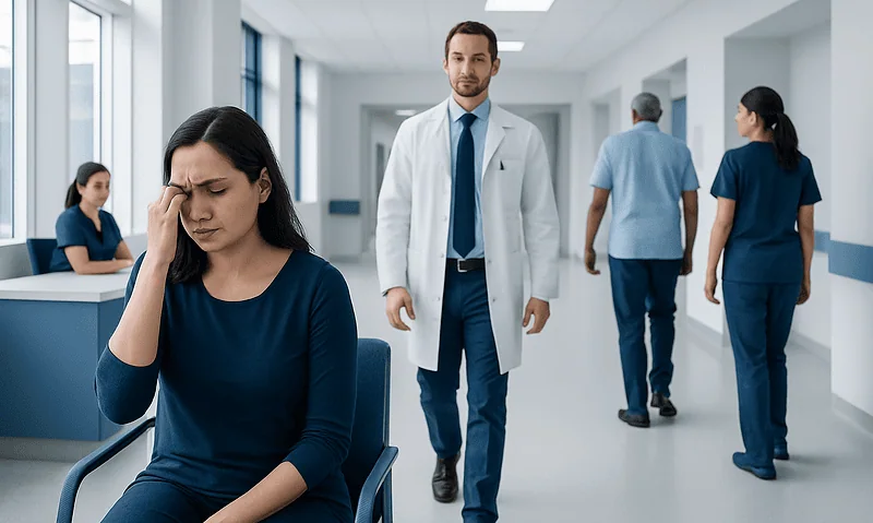 Patient experiencing eye strain in a hospital waiting area.
