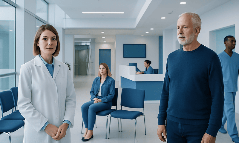 Medical professionals and patient in a modern hospital waiting area.