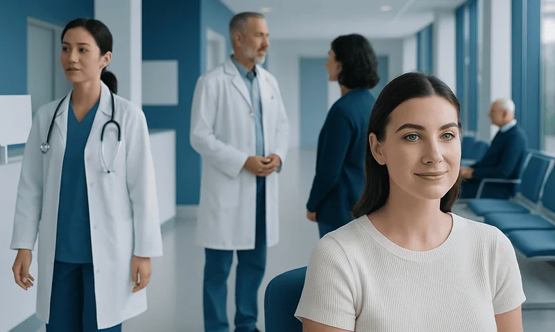 Young woman with healthy eyebrows in a medical clinic setting.