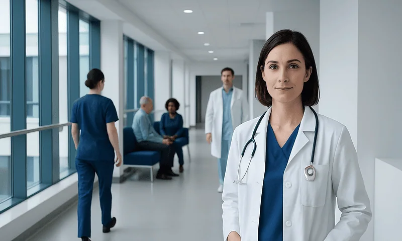 Female doctor in hospital corridor with patients and staff in background.