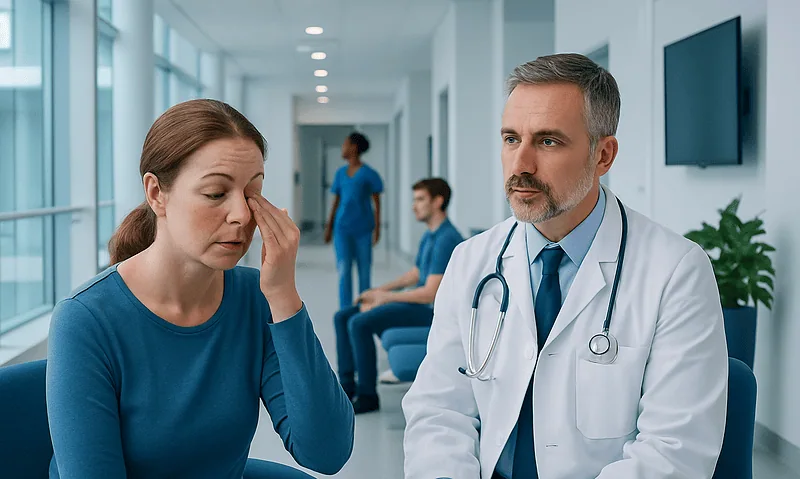 Doctor consulting with a woman patient in a hospital corridor.