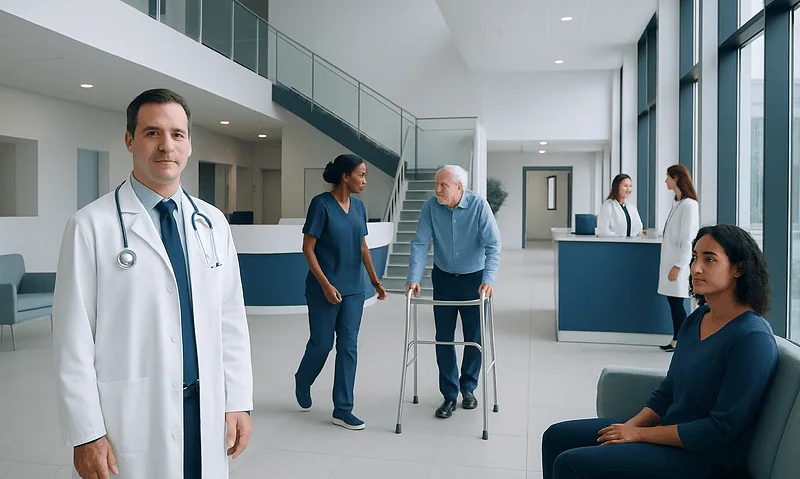 Modern hospital lobby with medical staff and patients engaging in consultation and assistance.