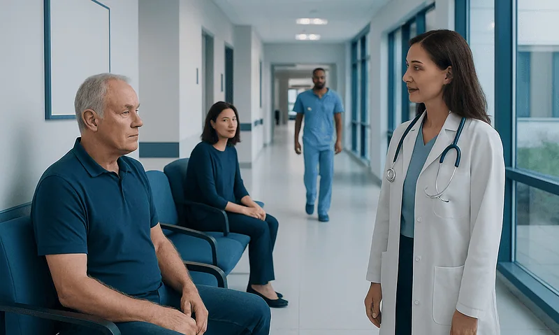 Fabry Disease: Diagnosis, Outlook, and Modern Treatment Approaches 1 Doctor consulting with elderly patient in hospital corridor.