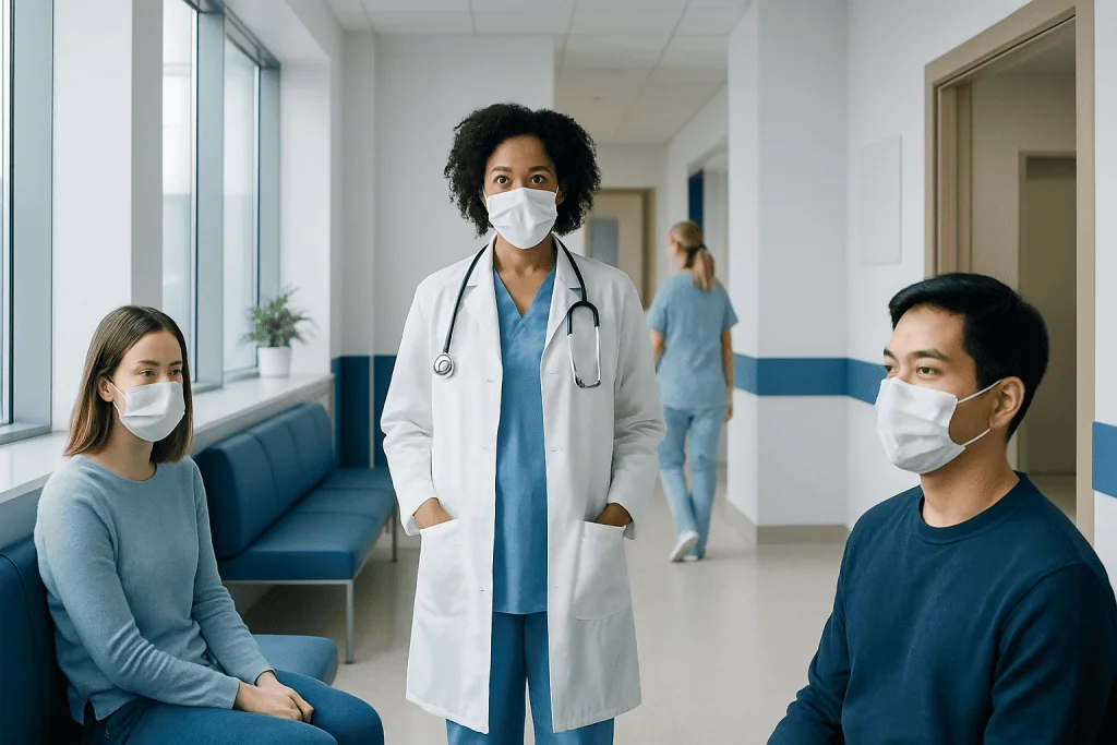 Face Mask Skin Care: An Evidence-Based Guide for Patients 1 Healthcare professional consulting patients in hospital corridor.