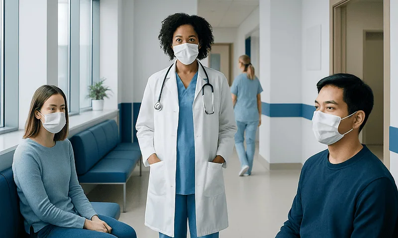 Healthcare professional consulting patients in hospital corridor.