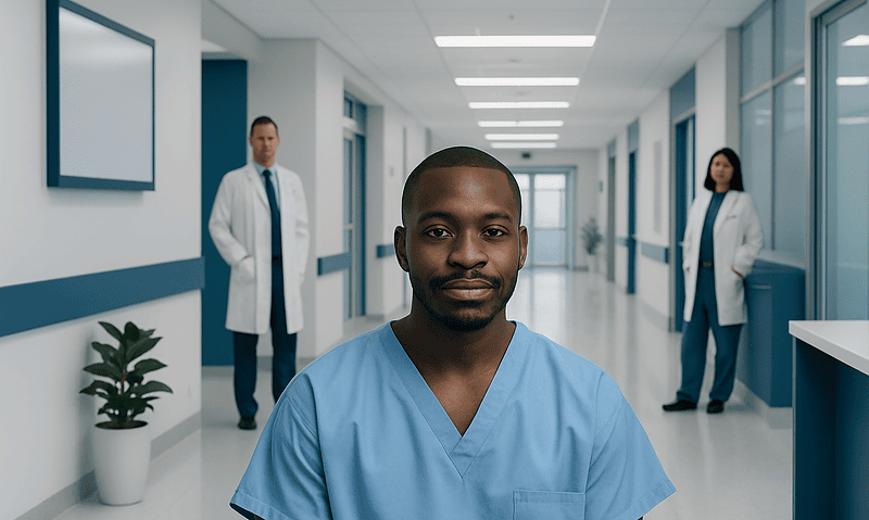 Diverse medical team in hospital corridor with a focus on a male nurse.