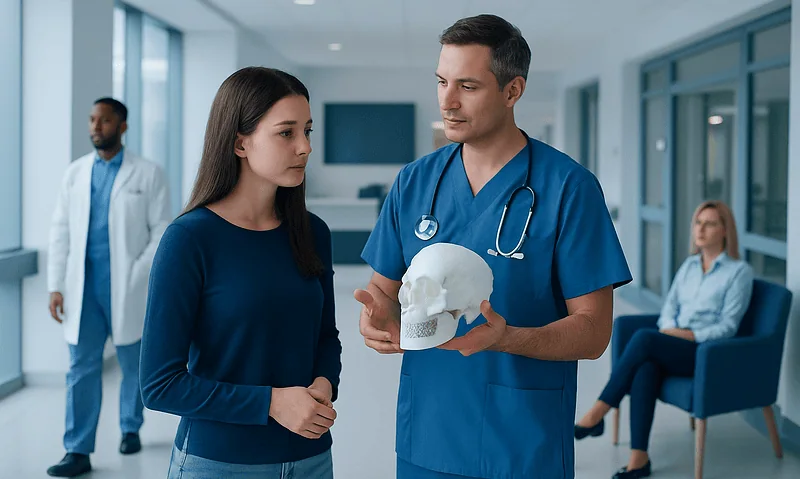 Doctor explaining facial bones to a patient in a hospital corridor.