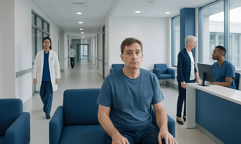 Patient waiting in hospital corridor with medical staff nearby.