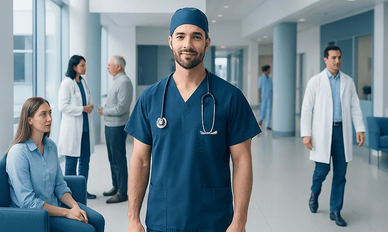 Healthcare professional in a hospital corridor with patients and staff.