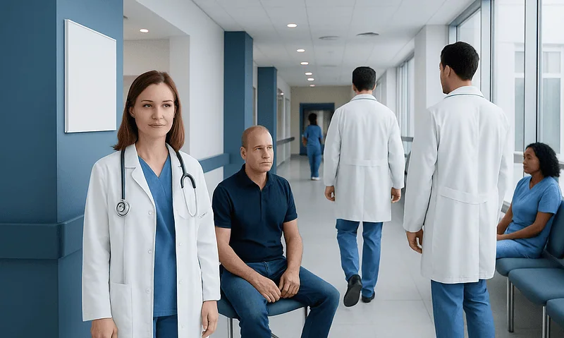 Medical professionals and patients in a hospital corridor at Acibadem Hospitals Group.