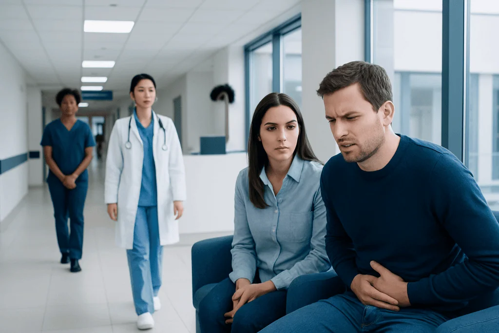 Faeces with Blood and Mucus: A Complete Medical Overview 1 Patient experiencing abdominal pain in hospital corridor with medical staff nearby.
