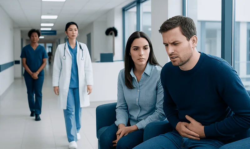 Patient experiencing abdominal pain in hospital corridor with medical staff nearby.