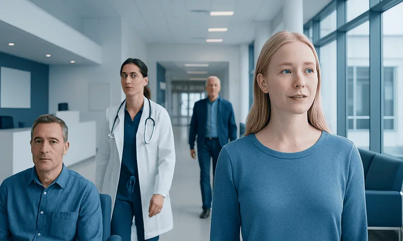 Young woman in hospital corridor with medical staff and visitors.