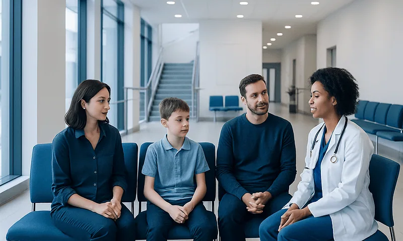 Family medicine consultation with doctor and young patients in hospital.