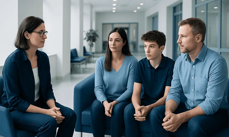 Family therapy session with a counselor and family members in a modern clinic.