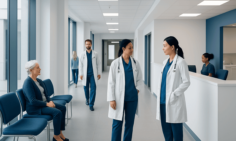 Famotidine: What Patients Need to Know 8 Medical staff talking to a patient in a hospital corridor.