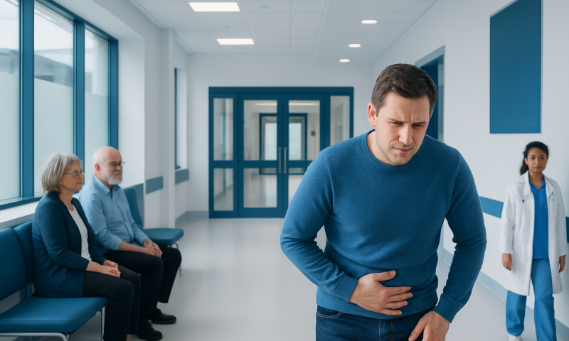 Man experiencing stomach pain in hospital corridor with medical staff nearby.