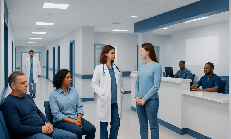 Medical consultation in a hospital corridor with healthcare professionals and patients.