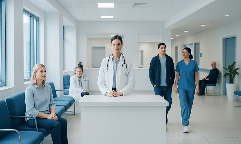 Medical staff and patients in a modern hospital corridor.
