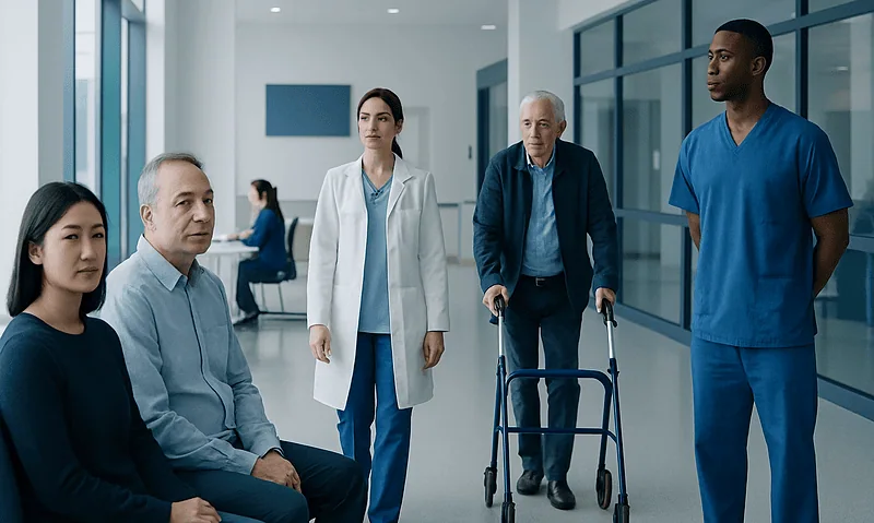 Hospital waiting area with patients and medical staff in a modern facility.