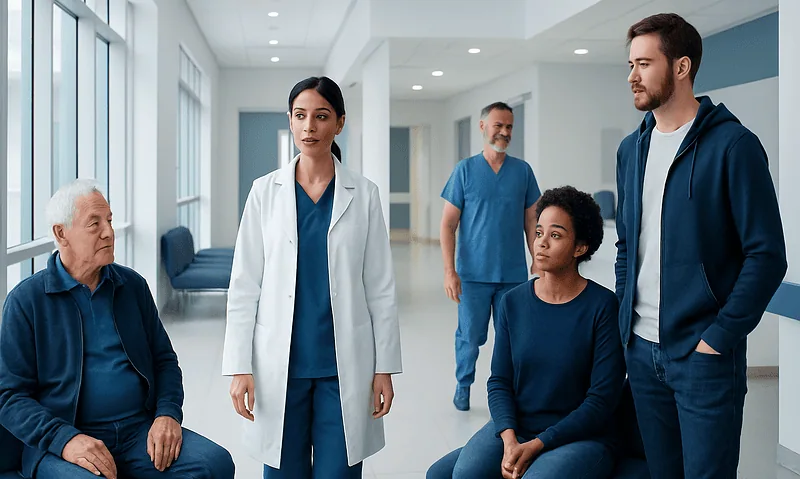Medical team consulting with patients in a hospital corridor.